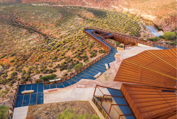 Ariel view of Kalbarri Skywalk overlooking Murchison River Gorge near Kalbarri, WA. Fabricated from BlueScope’s REDCOR® weathering steel in grade WR350LOB.