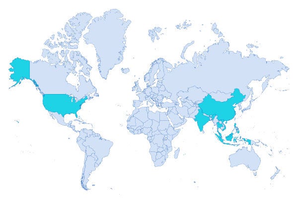 Map outlining The United States and varies countries in Asia 